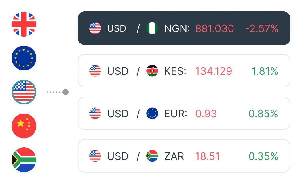 Multi-currency dashboard showing account balances in various currencies with real-time exchange rates